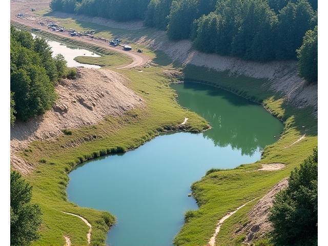 Vue aérienne d'une carrière moderne avec des zones végétalisées, montrant un engagement environnemental.