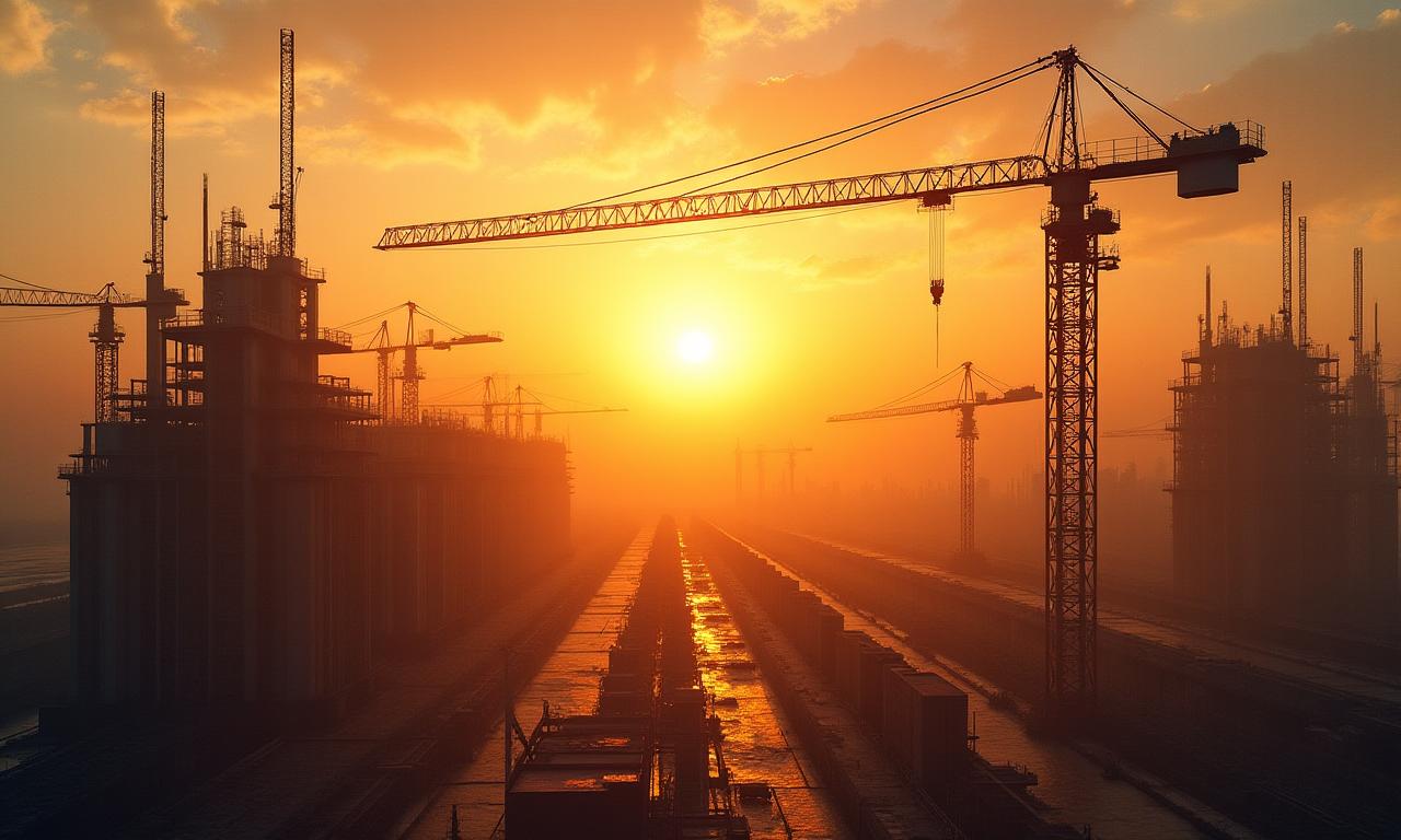Vue panoramique d'un chantier de construction au lever du soleil, symbolisant la solidité et l'avenir.