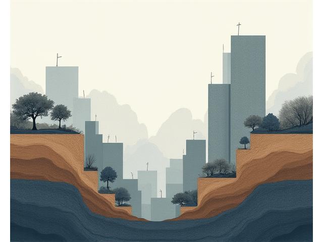 Image conceptuelle montrant la superposition de strates rocheuses et des fondations de bâtiments, symbolisant la formation et la solidité.