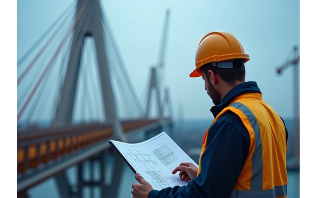Ingénieur travaillant sur les plans d'un pont moderne